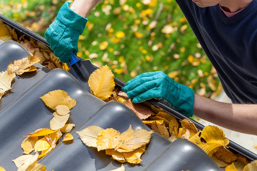 A person cleaning leaves from a roof gutter in Ohio, a common maintenance task that can affect the cost of a new roof. Understanding the average cost of a new roof in Ohio is important for homeowners considering roof replacement.