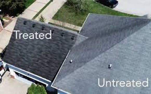 Aerial view comparing treated vs untreated asphalt shingle roof showing cleaning and restoration results by Wagner Roofing