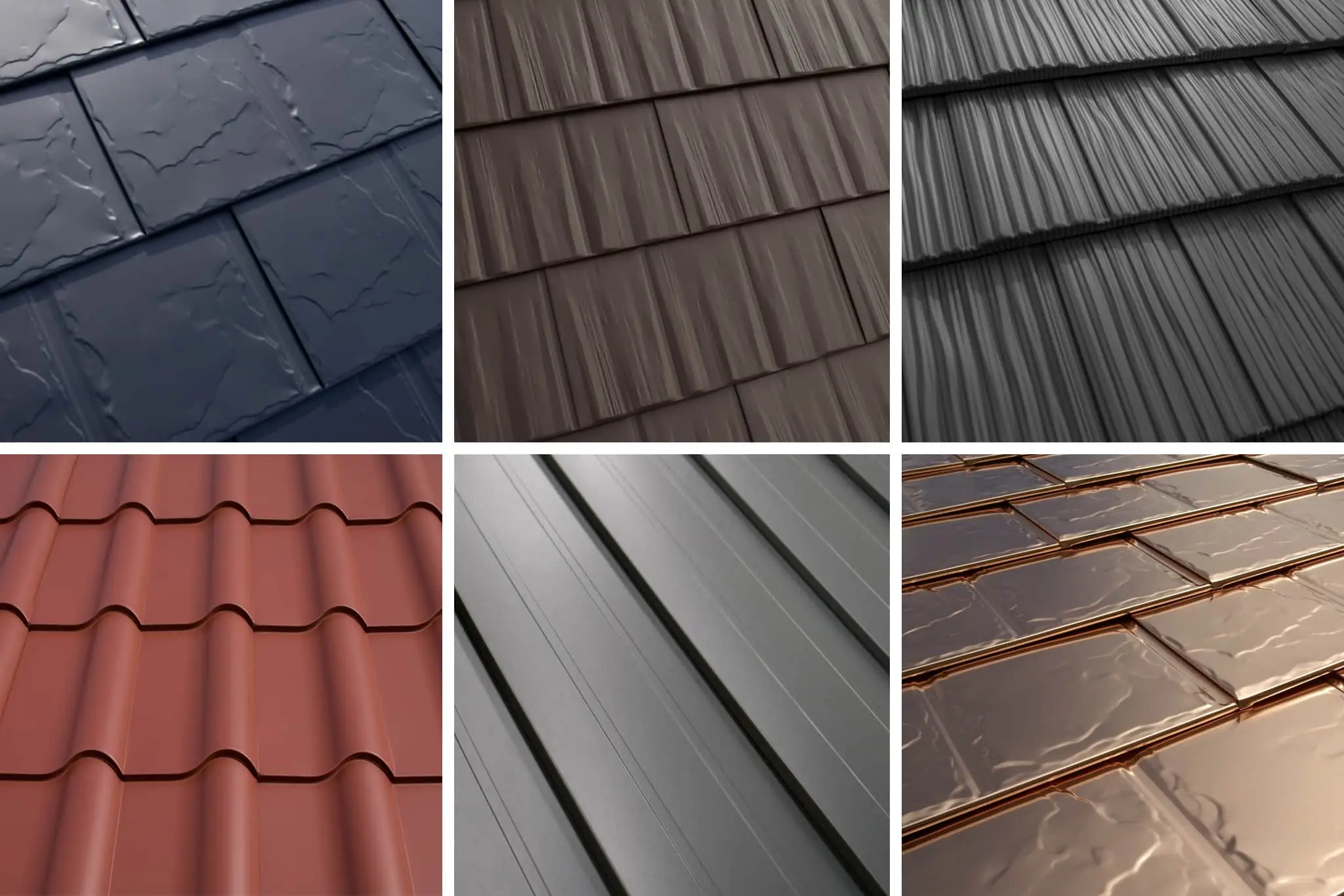 Variety of Interlock aluminum roofing styles and finishes offered by Wagner Roofing, including shingle, slate, tile, and standing seam designs