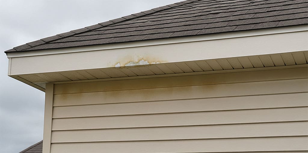 Light discoloration beneath a roofline and soffit, showing an early sign that may require storm damage repair.