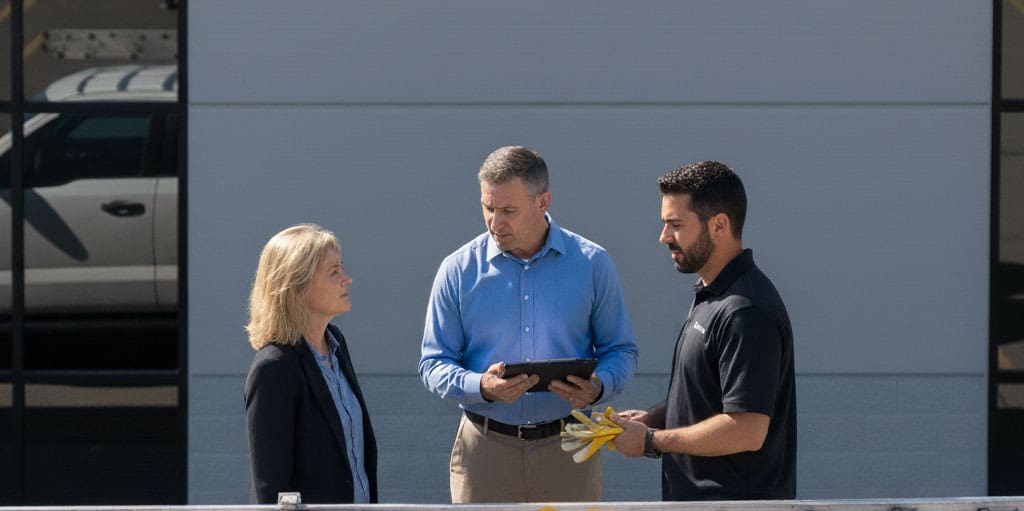Insurance adjuster discussing with a roofing contractor and commercial building manager in front of a building.