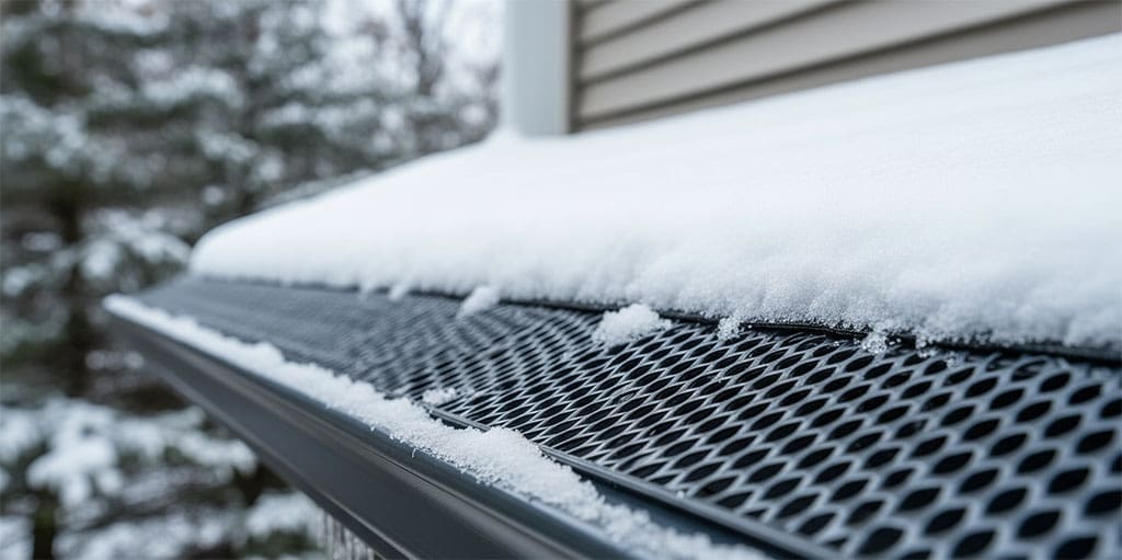 Snow-covered gutter guards on a home during winter, illustrating how proper gutter maintenance helps prevent ice buildup and drainage problems.