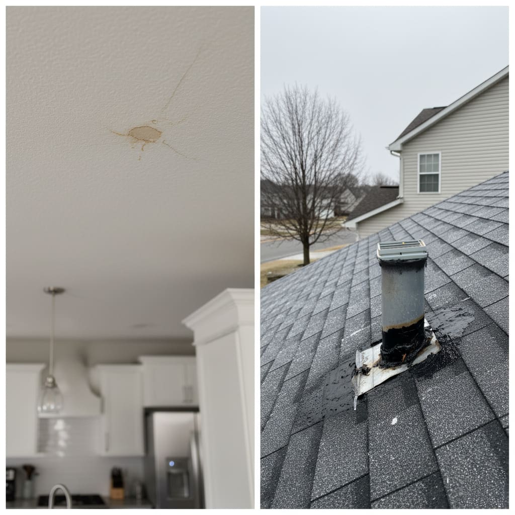 Roofing repair needed after roof vent failure caused interior ceiling water damage.