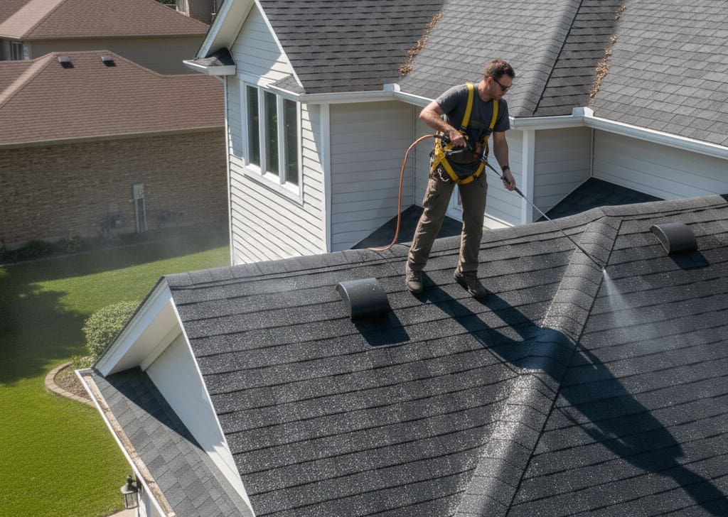 A residential asphalt shingle roof with a worker applying the roof rejuvenation solution across its surface.