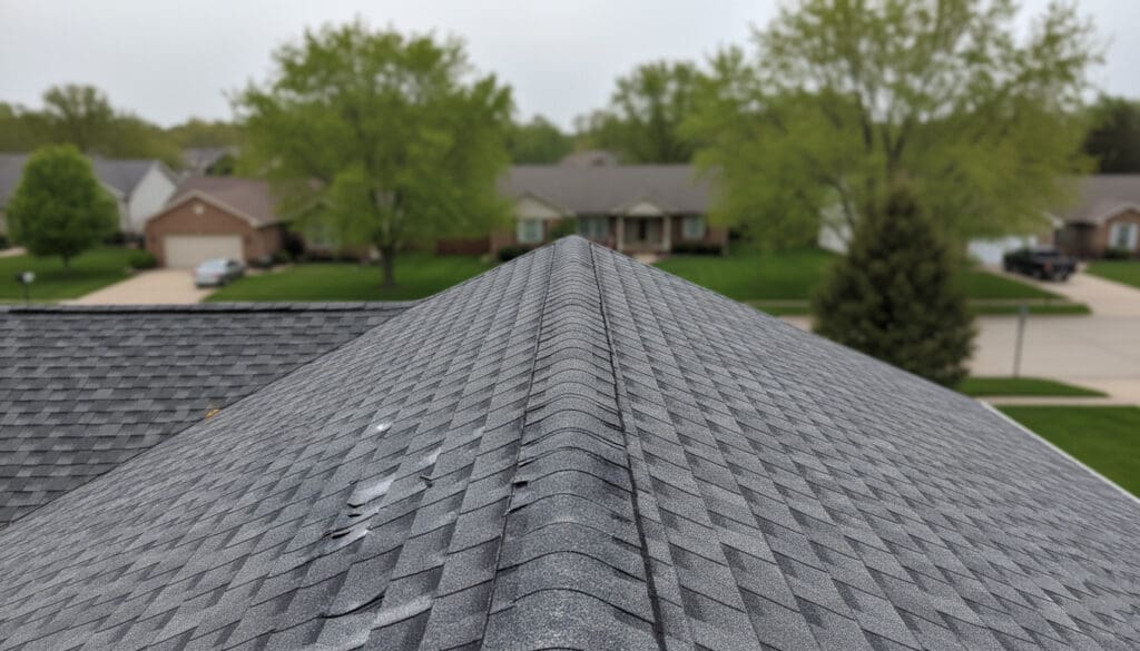 Storm damage on residential roof showing lifted and displaced shingles after severe weather.