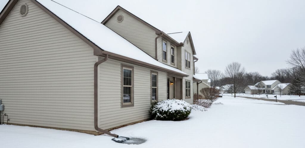 Residential home exterior in winter showing siding, roofing, and gutters managing snow and melting ice